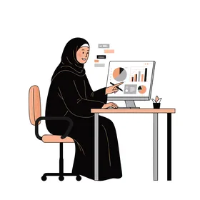 تحقيق النجاح في السوق العالمية،  فيكتور رسم توضيحي لسيدة أعمال عربية سعودية ترتدي العباءة والحجاب تقوم بتحليل البيانات المالية على جهاز الكمبيوتر الخاص بها،   فيكتور اليستريتور