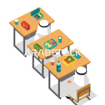 عادات الأكل الصحية، فيكتور رسم توضيحي لفصل دراسي به طلابًا يرتدون الزي العربي التقليدي يستمتعون بتناول الغداء على مكاتبهم، فيكتور اليستريتور