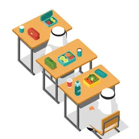 عادات الأكل الصحية، فيكتور رسم توضيحي لفصل دراسي به طلابًا يرتدون الزي العربي التقليدي يستمتعون بتناول الغداء على مكاتبهم، فيكتور اليستريتور