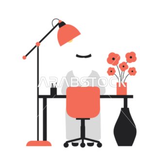 The concept of creativity and productivity, a vector illustration of a comfortable workspace bathed in warm lighting, featuring a modern desk, a comfortable chair, and floral touches, vector illustrator.