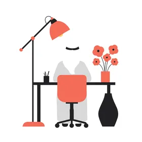 The concept of creativity and productivity, a vector illustration of a comfortable workspace bathed in warm lighting, featuring a modern desk, a comfortable chair, and floral touches, vector illustrator.
