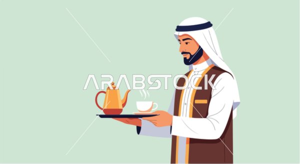 Vector illustration of a Saudi Arabian Gulf man elegantly serving tea, the concept of hospitality and traditions, serving warm beverages, cultural richness and welcoming gestures, vector illustrator.