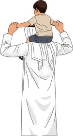 Vector illustration of an Emirati Gulf Arab man wearing a kandura and ghutrah carrying his small son on his shoulders, depicting love and family warmth, fatherhood, care, and tenderness between parents and children, with a white background, vector illustrator.