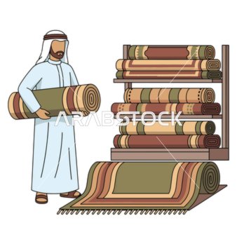 رجل عربي خليجي يتفقد مجموعة من السجاد التقليدي في متجر مفروشات، مشهد يعكس الذوق الرفيع والاهتمام بالتفاصيل التراثية، خلفية بيضاء ناعمة