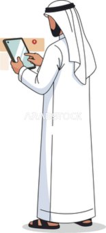 فيكتور رسم توضيحي لرجل عربي خليجي يرتدي الثوب والشماغ يستخدم جهازًا لوحيًا حديثًا،  التفاعل مع التكنولوجيا والابتكار الرقمي في الحياة اليومية، خلفية بيضاء ، فيكتور اليستريتور