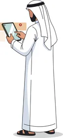 فيكتور رسم توضيحي لرجل عربي خليجي يرتدي الثوب والشماغ يستخدم جهازًا لوحيًا حديثًا،  التفاعل مع التكنولوجيا والابتكار الرقمي في الحياة اليومية، خلفية بيضاء ، فيكتور اليستريتور