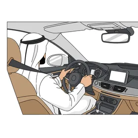 Vector illustration of a Gulf Arab man wearing a thobe and ghutrah driving a car safely while wearing a seatbelt, traffic awareness and discipline in driving, white background, vector illustrator.