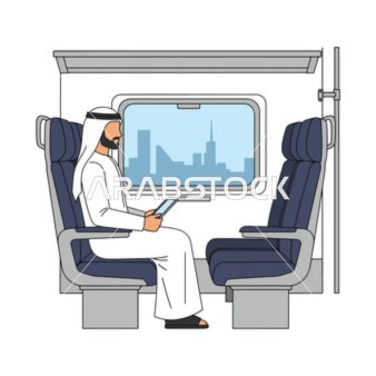 فيكتور رسم توضيحي لرجل عربي خليجي يرتدي الثوب والشماغ يجلس داخل قطار حديث يتصفح جهاز لوحي، التنقل الحضري ودمج التكنولوجيا بالحياة اليومية،خلفية بيضاء ، فيكتور اليستريتور