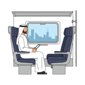 فيكتور رسم توضيحي لرجل عربي خليجي يرتدي الثوب والشماغ يجلس داخل قطار حديث يتصفح جهاز لوحي، التنقل الحضري ودمج التكنولوجيا بالحياة اليومية،خلفية بيضاء ، فيكتور اليستريتور