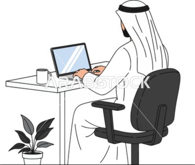فيكتور رسم توضيحي لرجل عربي خليجي يرتدي الثوب والشماغ يجلس على مكتب منزلي ويستخدم الحاسوب المحمول في بيئة عمل هادئة، العمل عن بعد والإنتاجية في الحياة الحديثة،خلفية بيضاء ، فيكتور اليستريتور