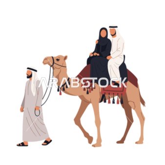Traditional culture and Arab hospitality, a vector illustration of a Saudi Arabian Gulf couple wearing traditional Gulf attire riding a camel led by an Arab man, white background, vector illustrator.