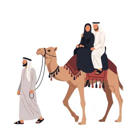 Traditional culture and Arab hospitality, a vector illustration of a Saudi Arabian Gulf couple wearing traditional Gulf attire riding a camel led by an Arab man, white background, vector illustrator.