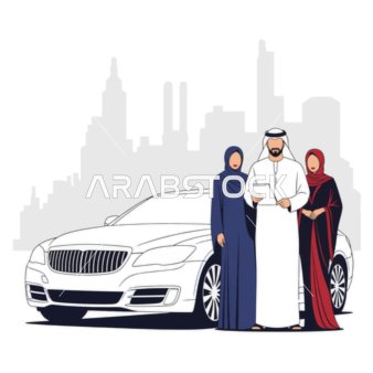 Vector illustration of an Emirati businessman wearing a kandura and ghutrah standing next to his luxury car with two women wearing hijabs reviewing work documents in the city center, embodying elegance and professionalism, white background, vector illustrator.