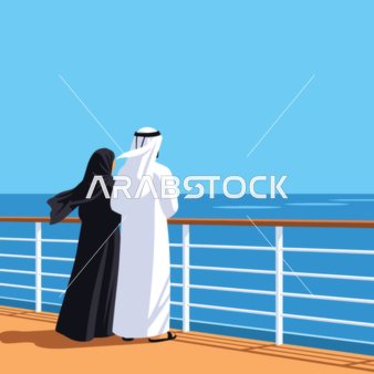 A vector illustration of an Arab Gulf couple from Saudi Arabia standing on a ship looking at the sea and the clear sky with expressions of contemplation, calmness, tranquility, and luxury trips, with an atmosphere of romance and reflection, soft blue background, vector illustrator.