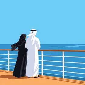 A vector illustration of an Arab Gulf couple from Saudi Arabia standing on a ship looking at the sea and the clear sky with expressions of contemplation, calmness, tranquility, and luxury trips, with an atmosphere of romance and reflection, soft blue background, vector illustrator.