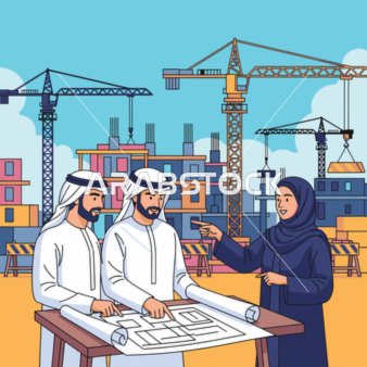 فيكتور رسم توضيحي لامرأة عربية خليجية اماراتيه ترتدي العباءه والحجاب تشير إلى خريطة بناء تناقش رجلان خليجيان تفاصيل المشروع في موقع إنشائي مليء بالرافعات، التشاركية والتخطيط الدقيق، فيكتور اليستريتور