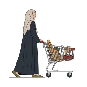 Arab woman pushing grocery cart filled with products