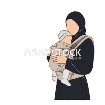 Arab mother holding her baby in soft fabric baby carrier, white background