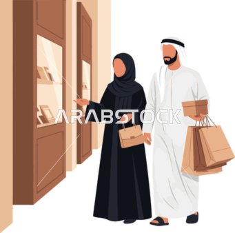 They are strolling in a modern shopping center, talking gently and looking elegantly at the shop windows, with features of harmony and warm dialogue between them, luxury and modern life in the Gulf, soft white background, vector illustration.