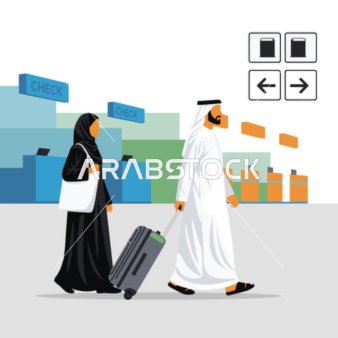 They walk elegantly in the airport, carrying bags and heading towards travel, trips, tourism, and modern transportation in the Gulf, with a soft white background, vector illustration.