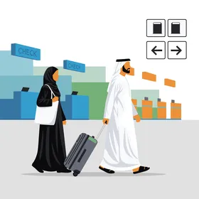 They walk elegantly in the airport, carrying bags and heading towards travel, trips, tourism, and modern transportation in the Gulf, with a soft white background, vector illustration.