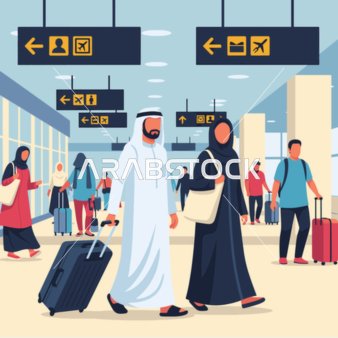 فيكتور رسم توضيحي لزوجان عربيان خليجيان اماراتيان يرتديان الزي الخليجي ،يسيران في مطار مزدحم يحملان الحقائب متجهين نحو السفر، الحيوية والحركة والسياحة الحديثة، أجواء سفر مليئة بالطاقة، خلفية المطار، فيكتور اليستريتور
