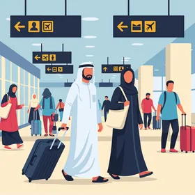 فيكتور رسم توضيحي لزوجان عربيان خليجيان اماراتيان يرتديان الزي الخليجي ،يسيران في مطار مزدحم يحملان الحقائب متجهين نحو السفر، الحيوية والحركة والسياحة الحديثة، أجواء سفر مليئة بالطاقة، خلفية المطار، فيكتور اليستريتور