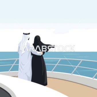 Arab couple on luxury yacht looking at the ocean