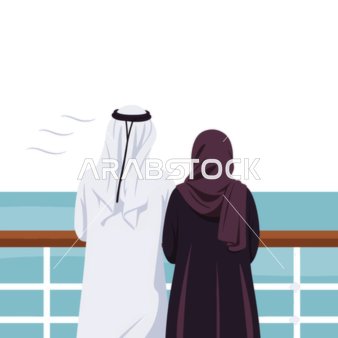 Vector illustration of an Arab couple from the Gulf, specifically Emirati, wearing traditional Gulf attire, standing together on the deck of a ship, gazing at the horizon peacefully, with emotional connection and relaxation, set against a calm marine background, vector illustrator.