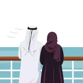 فيكتور رسم توضيحي لزوجان عربيان خليجيان اماراتيان يرتديان الزي الخليجي يقفان معاً على سطح سفينة، يتأملان الأفق بهدوء، الارتباط العاطفي والاسترخاء، خلفية بحرية هادئة، فيكتور اليستريتور