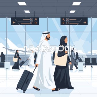 Arab couple walking through airport with luggage