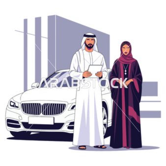 فيكتور رسم توضيحي لزوجان عربيان خليجيان اماراتيان يرتديان الزي الخليجي  يقفان بجانب سيارة فاخرة أمام مبنى حديث، يرتديان الزي الخليجي يستخدم الرجل جهازاً لوحياً، النجاح والتقدم في عالم الأعمال، فيكتور اليستريتور