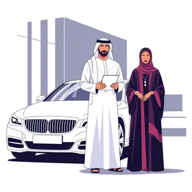 فيكتور رسم توضيحي لزوجان عربيان خليجيان اماراتيان يرتديان الزي الخليجي  يقفان بجانب سيارة فاخرة أمام مبنى حديث، يرتديان الزي الخليجي يستخدم الرجل جهازاً لوحياً، النجاح والتقدم في عالم الأعمال، فيكتور اليستريتور