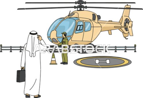 Vector illustration of an Emirati Gulf Arab man wearing traditional Gulf attire, carrying a bag and approaching a helipad, where a helicopter piloted by a pilot is waiting for him, representing luxury and speed of transportation in the business world, vector illustrator.