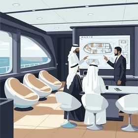 Vector illustration of Arab Gulf businessmen wearing traditional Gulf attire discussing design plans inside a luxury yacht, professionalism, meticulous planning, and collaboration in an upscale environment, distinctive marine background, vector illustrator.