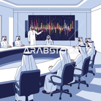 رجال أعمال عرب خليجيون يحضرون عرضاً تقديمياً في قاعة اجتماعات، مشهد يعبر عن التخطيط الاستراتيجي وروح القيادة في بيئة عمل رسمية