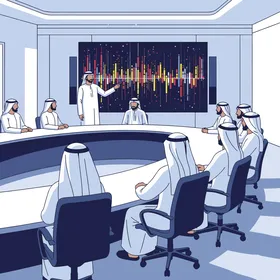 رجال أعمال عرب خليجيون يحضرون عرضاً تقديمياً في قاعة اجتماعات، مشهد يعبر عن التخطيط الاستراتيجي وروح القيادة في بيئة عمل رسمية