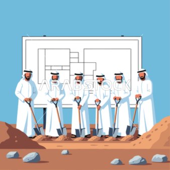 Vector illustration of Arab Gulf men wearing traditional Gulf attire, placing their hands on shovels during the ceremony to start a new construction project, symbolizing unity, teamwork, and urban development in the Gulf, with a blue background, vector illustrator.