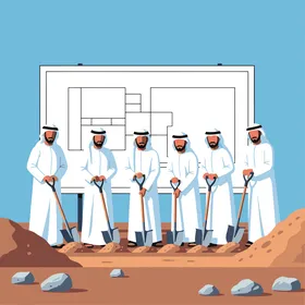 Vector illustration of Arab Gulf men wearing traditional Gulf attire, placing their hands on shovels during the ceremony to start a new construction project, symbolizing unity, teamwork, and urban development in the Gulf, with a blue background, vector illustrator.