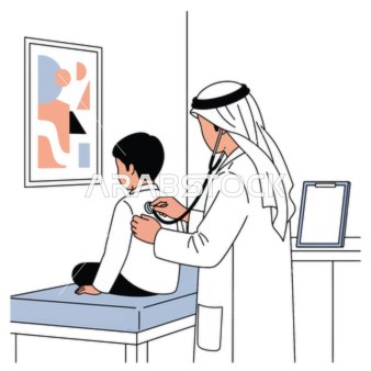 فيكتور رسم توضيحي لطبيب عربي خليجي يرتدي المعطف الأبيض يفحص ولدً في العيادة،  الرحمة والرعاية الصحية والاهتمام بالمرضى، خلفية بيضاء ، فيكتور اليستريتور