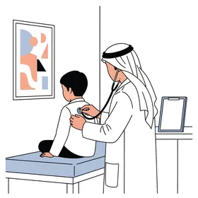 فيكتور رسم توضيحي لطبيب عربي خليجي يرتدي المعطف الأبيض يفحص ولدً في العيادة،  الرحمة والرعاية الصحية والاهتمام بالمرضى، خلفية بيضاء ، فيكتور اليستريتور