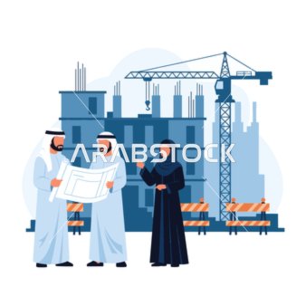 Vector illustration of engineers from the Gulf discussing construction plans at a modern construction site, professional collaboration and active participation in infrastructure development, futuristic urban background, vector illustrator.