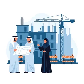 Vector illustration of engineers from the Gulf discussing construction plans at a modern construction site, professional collaboration and active participation in infrastructure development, futuristic urban background, vector illustrator.