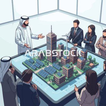 فيكتور رسم توضيحي لرجل عربي خليجي اماراتي يرتدي الكندورة والغترة يعرض نموذجاً لمشروع مدينة ذكية أمام فريق عمل دولي، التعاون في مشاريع البنية التحتية المستدامة والتخطيط الحضري  ، فيكتور اليستريتور