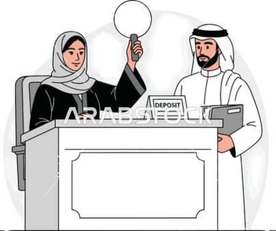 فيكتور رسم توضيحي لامرأة عربية خليجية ترتدي العباءة والحجاب ترفع لوحة المزاد في قاعة حديثة بجانب رجل خليجي يحمل ملفات، دور المرأة في القرارات المالية والاستثمارية، خلفية بيضاء ، فيكتور اليستريتور