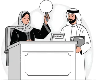Vector illustration of a Gulf Arab woman wearing an abaya and hijab raising an auction sign in a modern hall next to a Gulf man holding files, the role of women in financial and investment decisions, white background, vector illustrator.