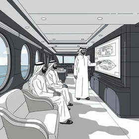 رجال أعمال عرب خليجيون يجتمعون داخل يخت فاخر لمناقشة المشاريع والاستثمارات، أجواء راقية تعكس النجاح والازدهار الاقتصادي في الخليج، خلفية بحرية فاخرة