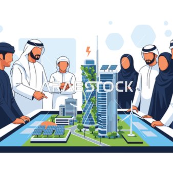 Vector illustration of Gulf Arab engineers gathering around a geometric model to discuss the project, planning, and engineering constructions, vector illustrator.