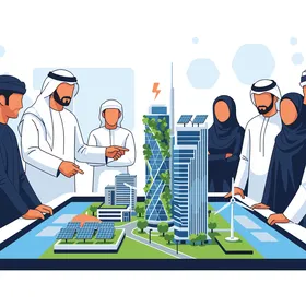 Vector illustration of Gulf Arab engineers gathering around a geometric model to discuss the project, planning, and engineering constructions, vector illustrator.