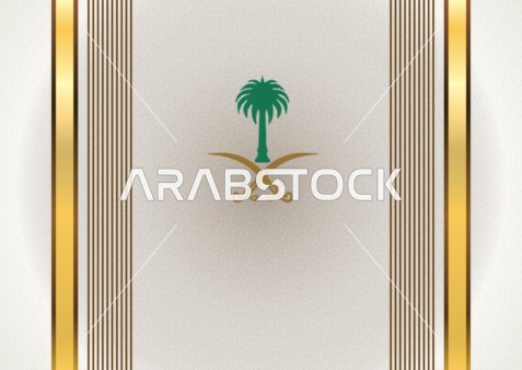 شعار رؤية المملكة العربية السعودية في المستقبل، رؤية 2030 المستقبلية، اشجار النخيل مع السيوف، خلفية ورق جدران مع اطار ذهبي ، فيكتور اليستريتور